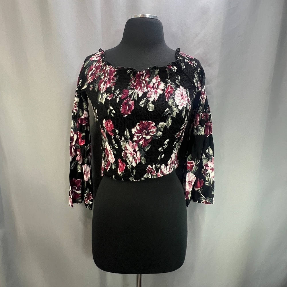 L.a. Hearts Off The Shoulder Smocked Crop Top Womens L Black Floral Bell Sleeve